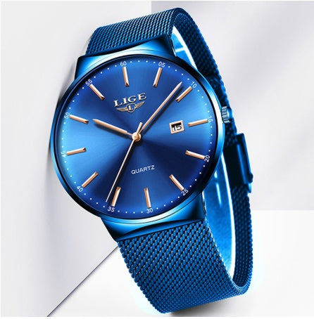Classic Mens Stainless Steel Watch features a blue dial and mesh band, ideal for style and functionality.